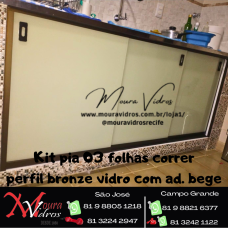 Kit pia 03 folhas correr perfil bronze vidro com adesivo bege
