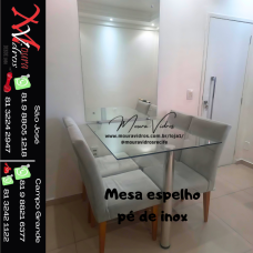 Mesa de vidro espelho pé de inox