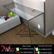 MESA DE VIDRO COM BASE DE VIDRO E COLAGEM UV INSTALADO COM SUPORTE DE TUCANO